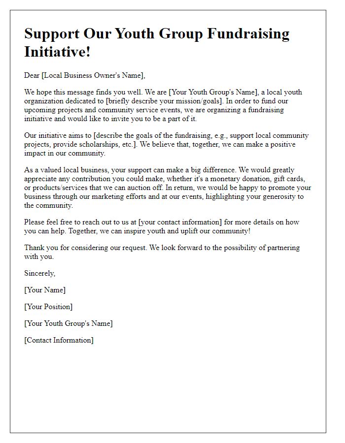 Letter template of youth group fundraising initiative for local businesses