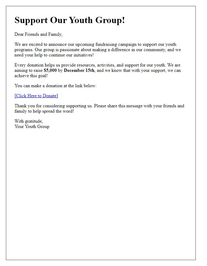 Letter template of youth group fundraising message for social media sharing