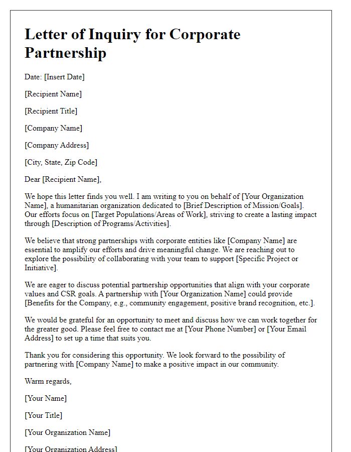 Letter template of humanitarian mission for corporate partnership inquiry