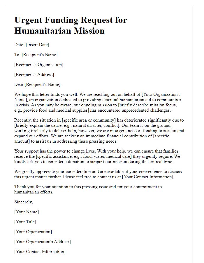 Letter template of humanitarian mission for urgent funding needs