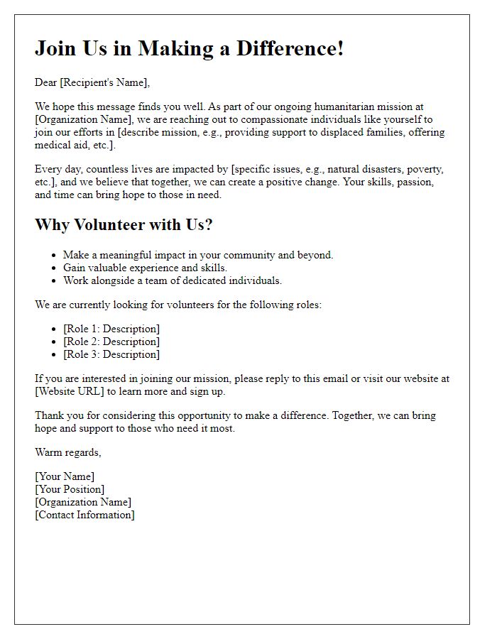 Letter template of humanitarian mission for volunteer recruitment appeal