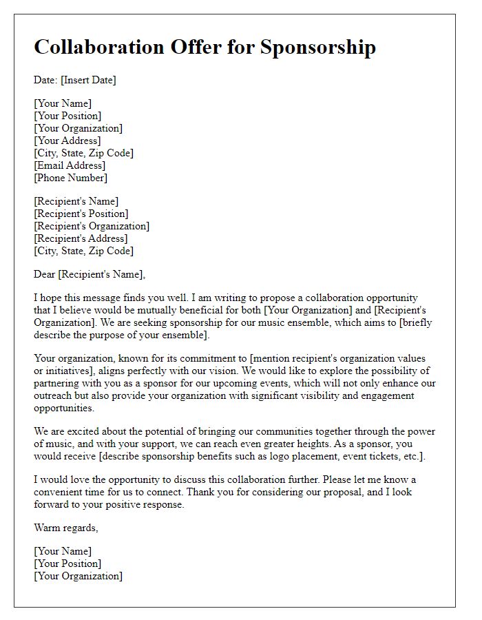 Letter template of collaboration offer for music ensemble sponsorship