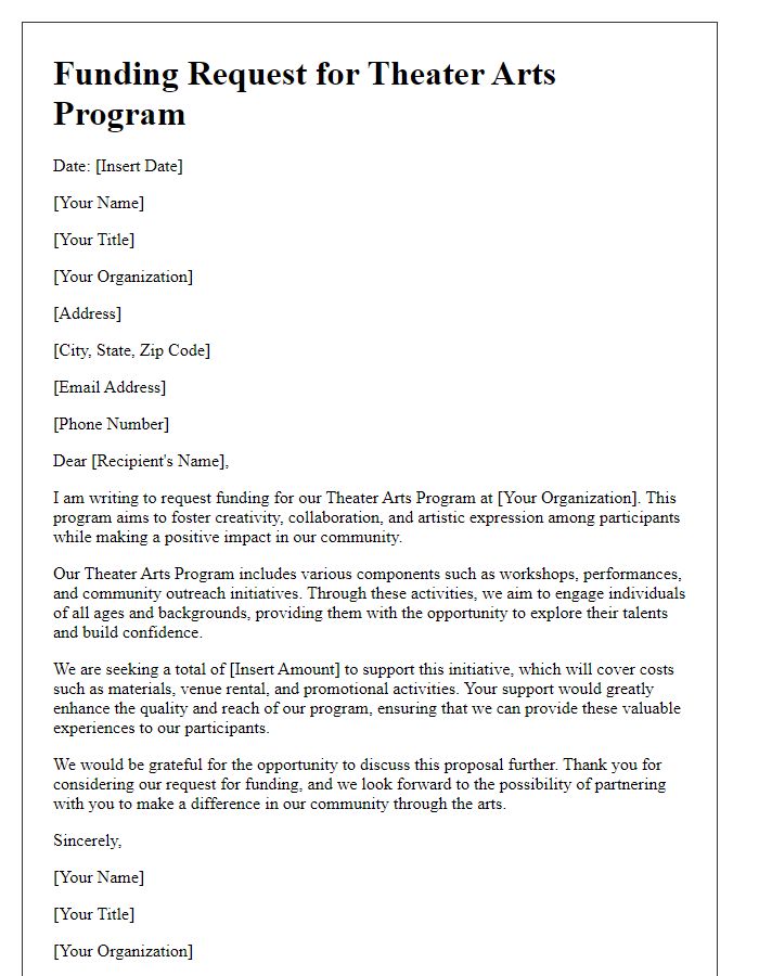 Letter template of funding request for theater arts program