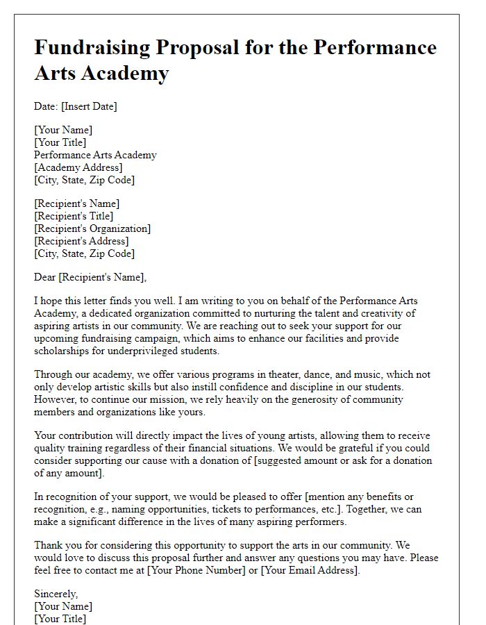 Letter template of fundraising proposal for performance arts academy