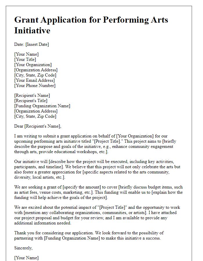 Letter template of grant application for performing arts initiative