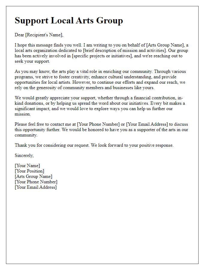 Letter template of outreach letter for support of local arts group