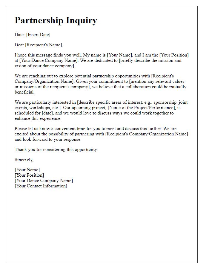 Letter template of partnership inquiry for dance company support