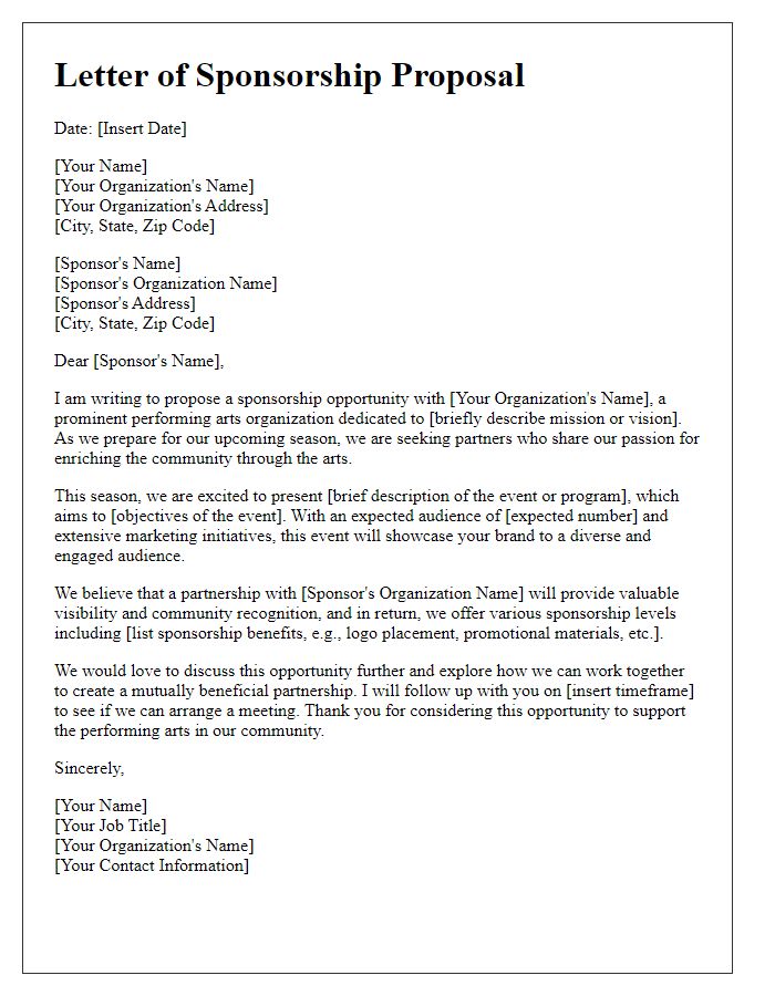 Letter template of sponsorship proposal for performing arts organization