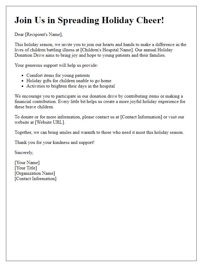 Letter template of holiday donation drive appeal for children's hospitals.