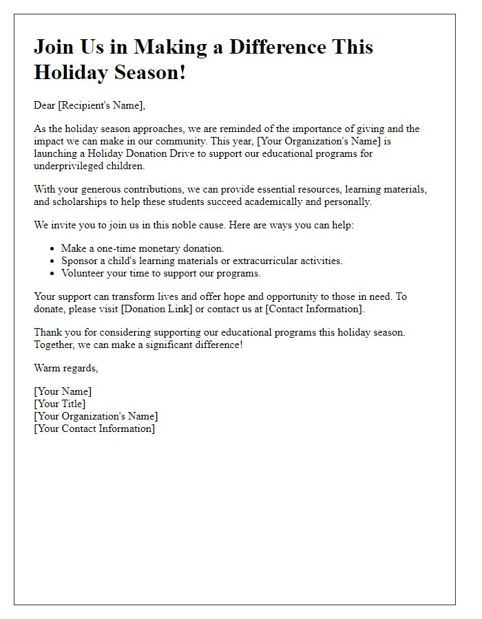 Letter template of holiday donation drive appeal for educational programs.