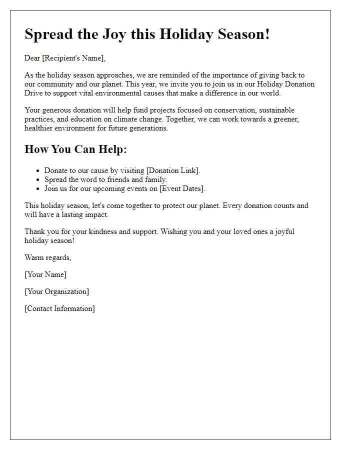 Letter template of holiday donation drive appeal for environmental causes.