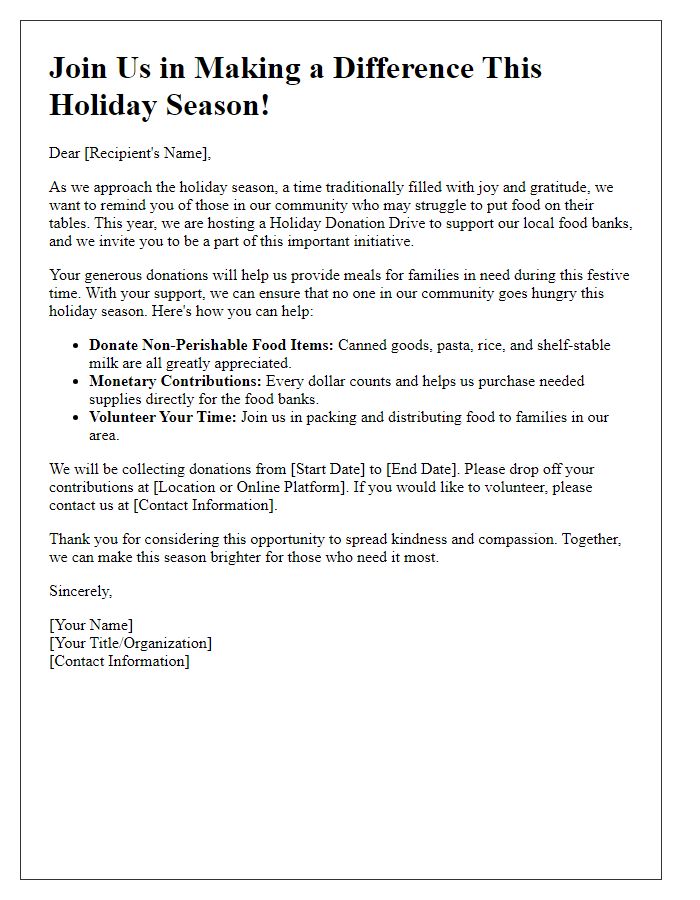 Letter template of holiday donation drive appeal for food banks.