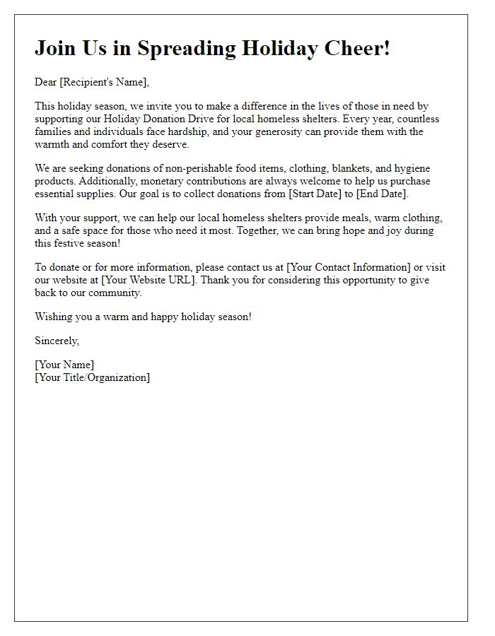 Letter template of holiday donation drive appeal for homeless shelters.