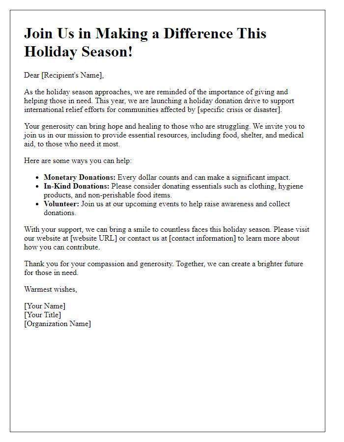 Letter template of holiday donation drive appeal for international relief efforts.