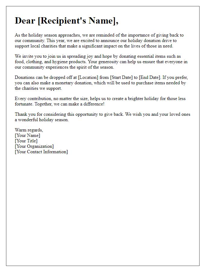 Letter template of holiday donation drive appeal for local charities.