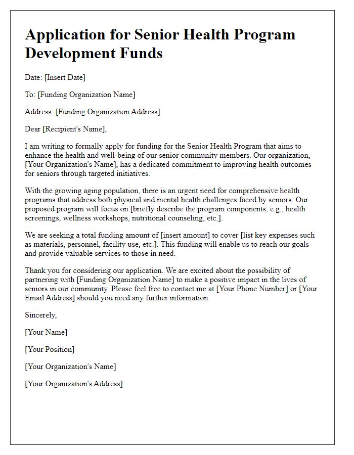 Letter template of application for senior health program development funds.