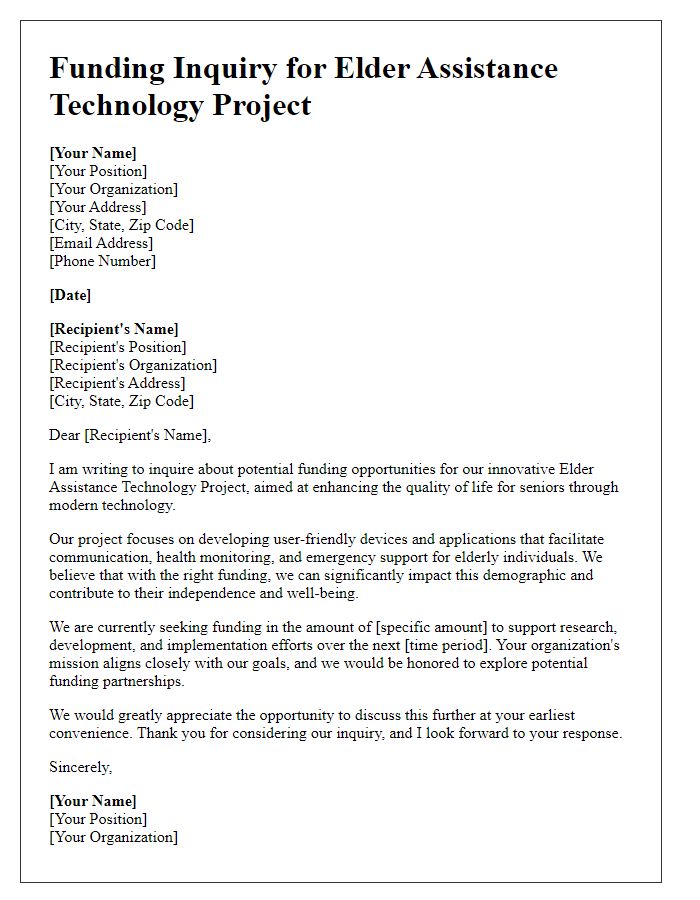 Letter template of funding inquiry for elder assistance technology project.