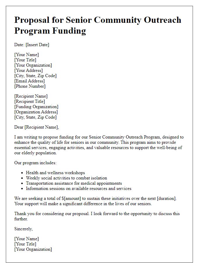 Letter template of proposal for senior community outreach program funding.