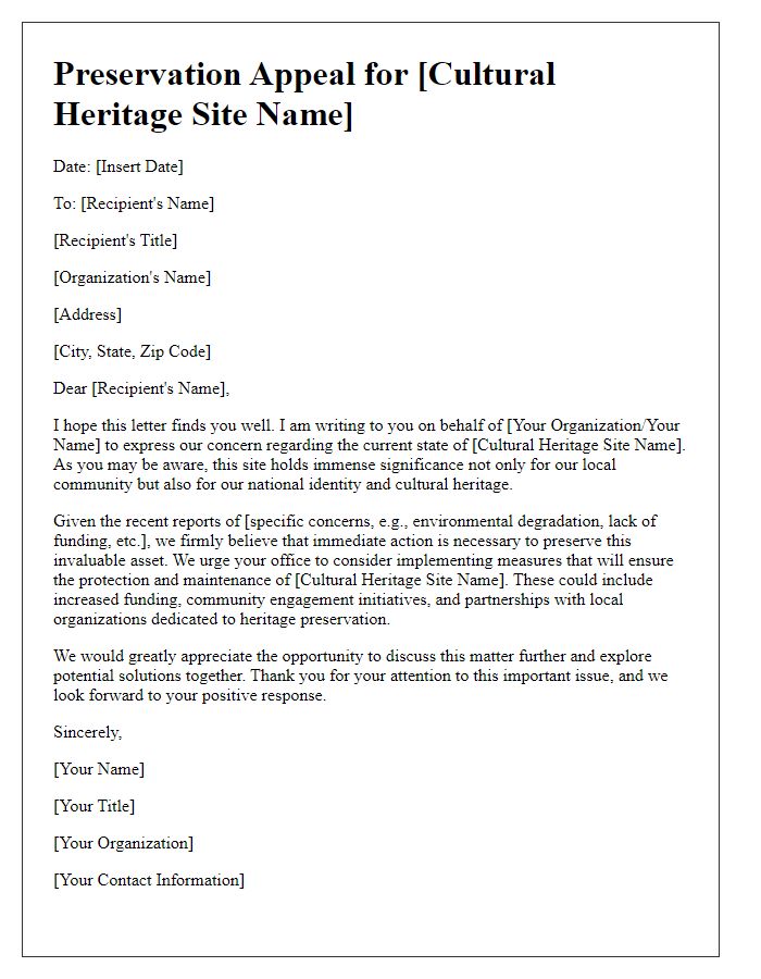 Letter template of cultural heritage site preservation appeal