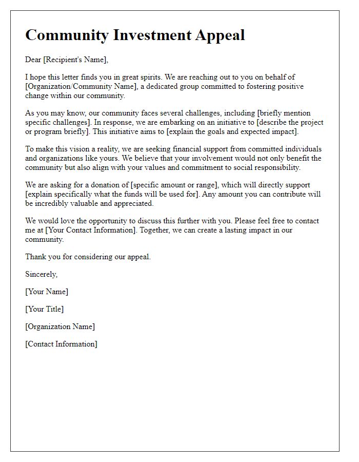 Letter template of community investment appeal