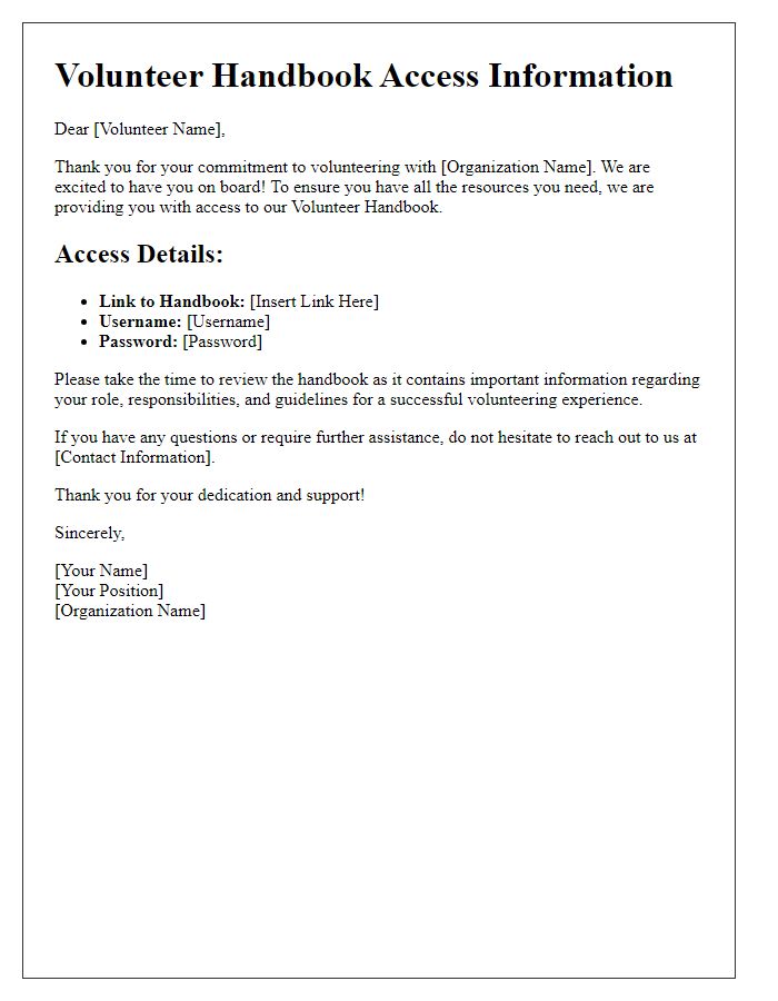 Letter template of volunteer handbook access information