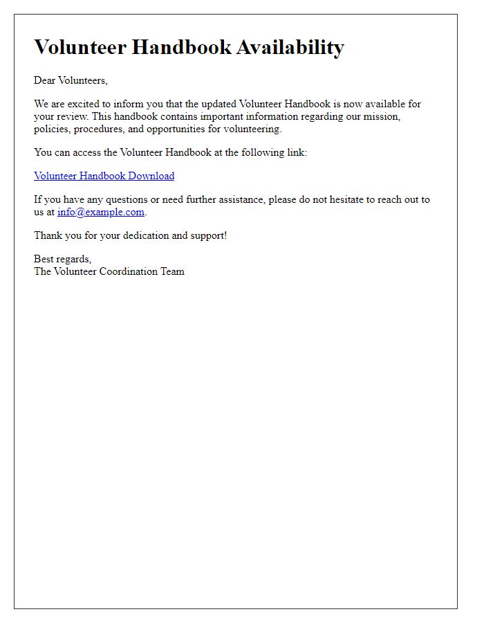 Letter template of volunteer handbook availability communication