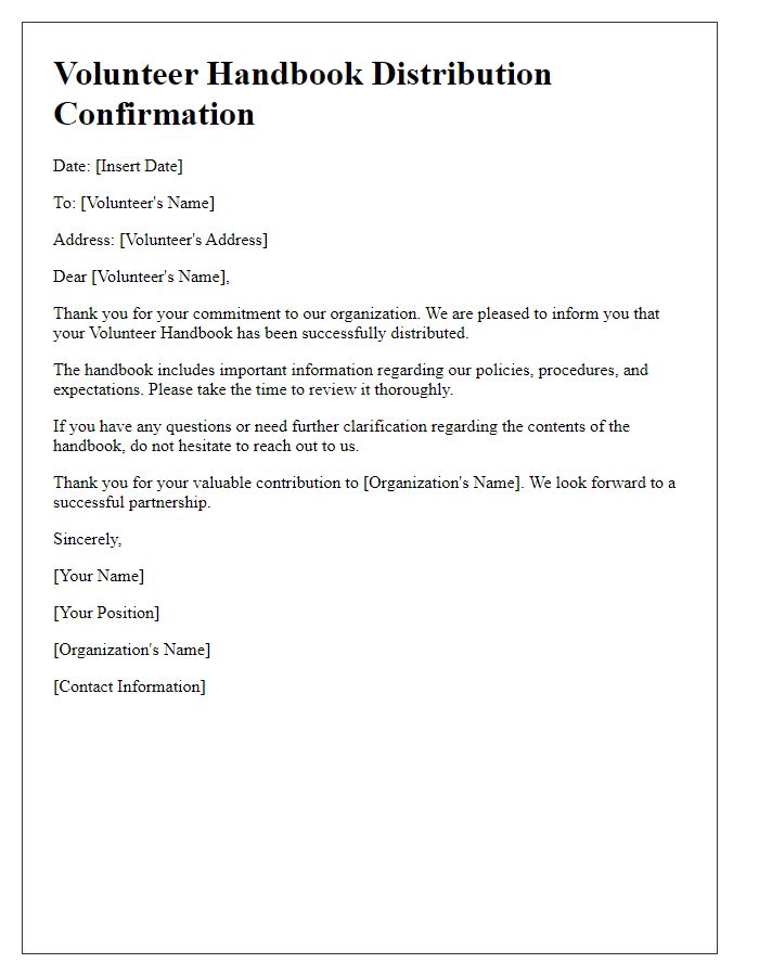 Letter template of volunteer handbook distribution confirmation