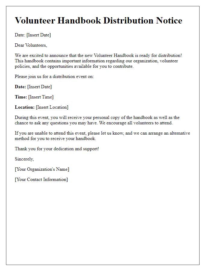 Letter template of volunteer handbook distribution notice