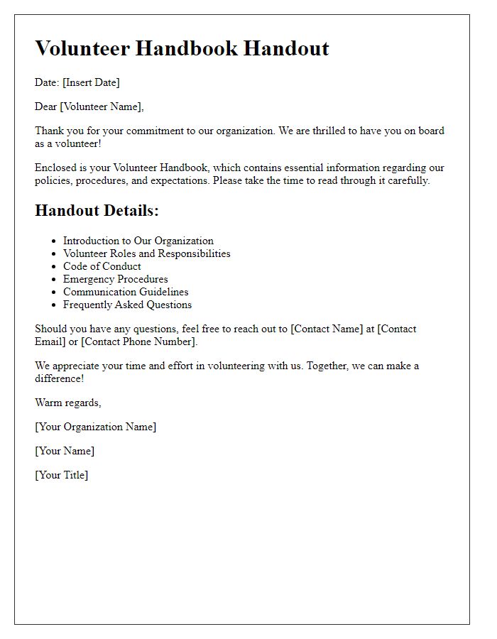 Letter template of volunteer handbook handout details