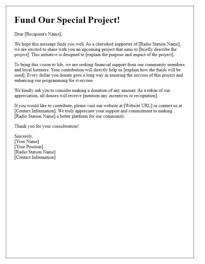 Letter template of radio station special project funding appeal