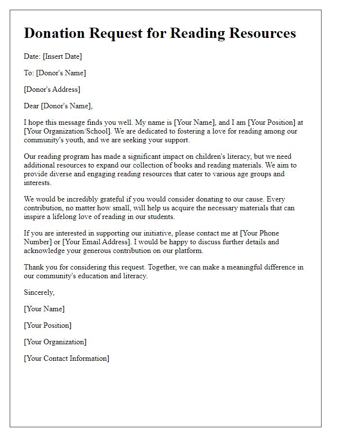 Letter template of donation request for reading resources