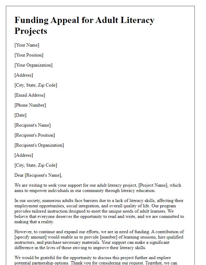 Letter template of funding appeal for adult literacy projects