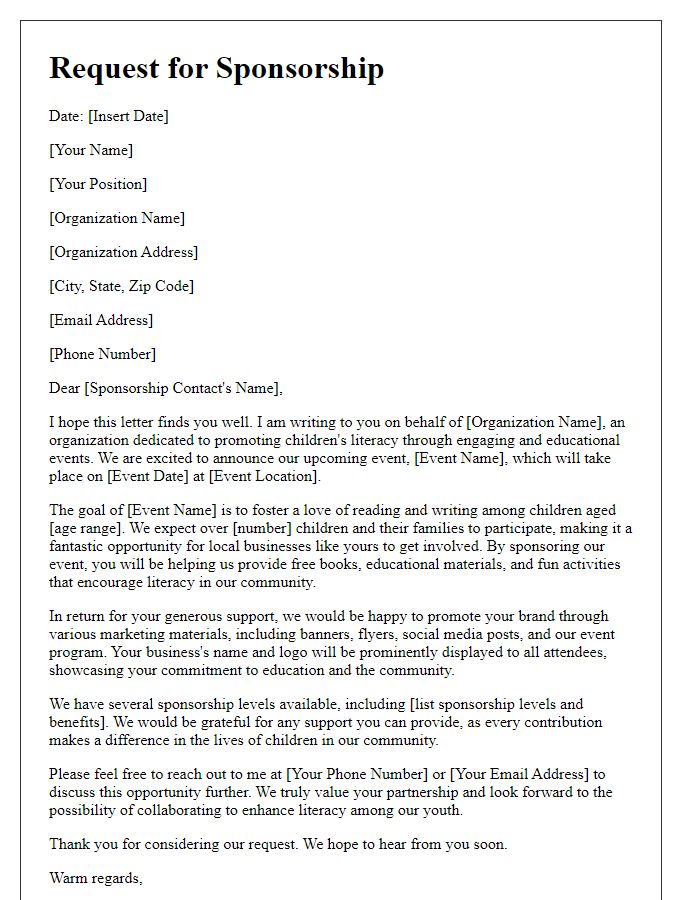 Letter template of sponsorship request for children's literacy events