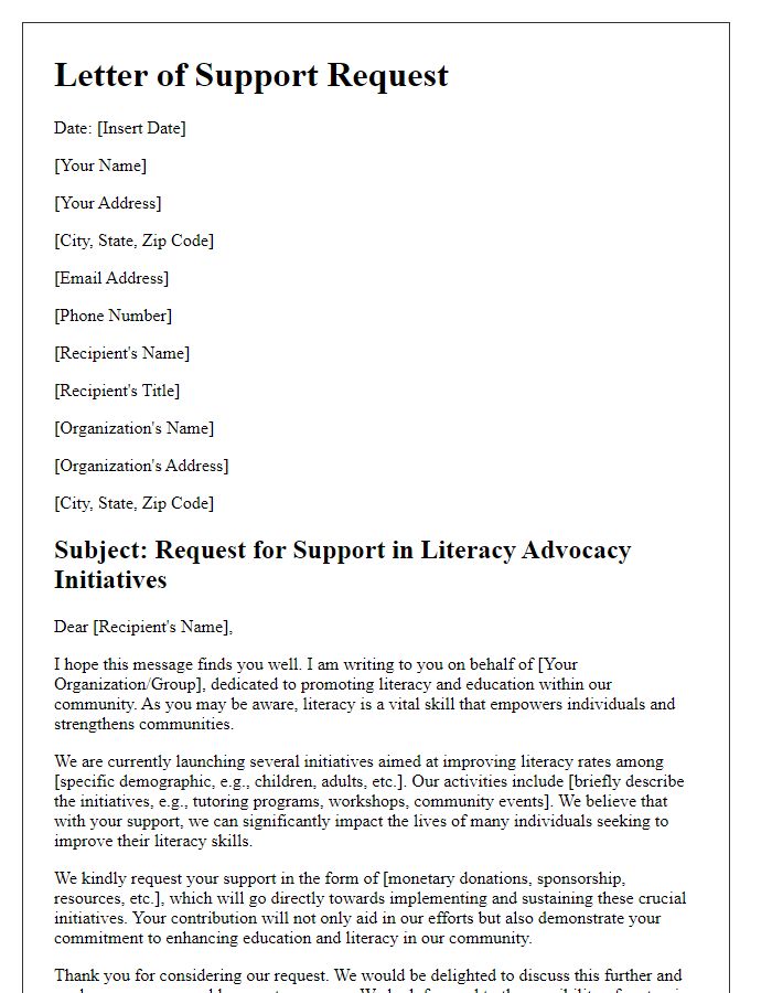 Letter template of support request for literacy advocacy initiatives