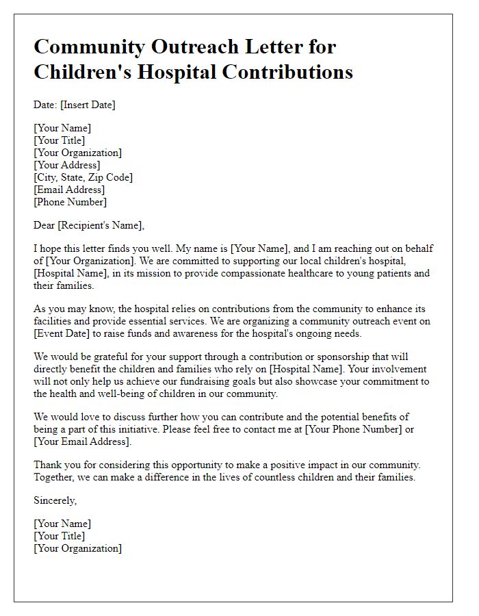 Letter template of community outreach for children's hospital contributions.