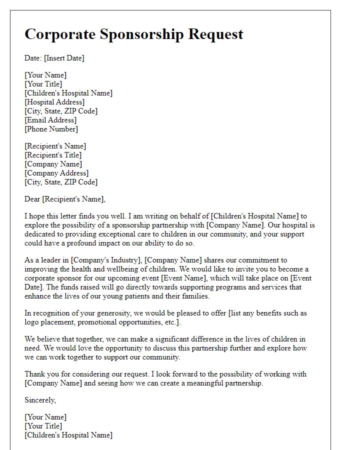 Letter template of corporate sponsorship request for children's hospital.