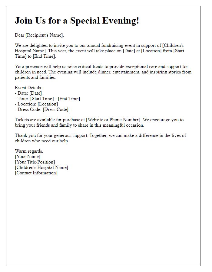 Letter template of fundraising event invitation for children's hospital.