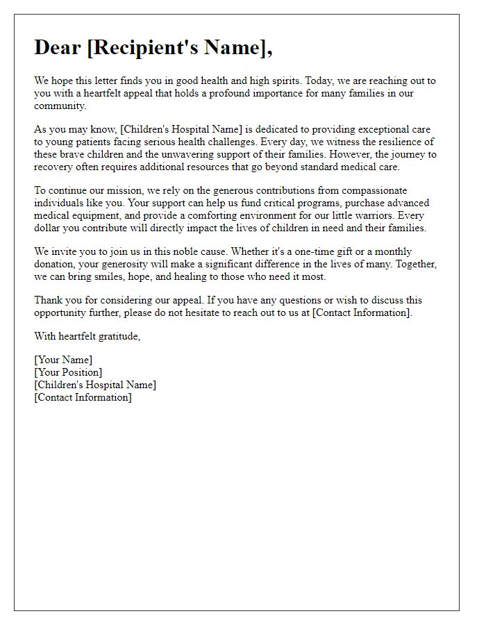 Letter template of heartfelt appeal for children's hospital donation.