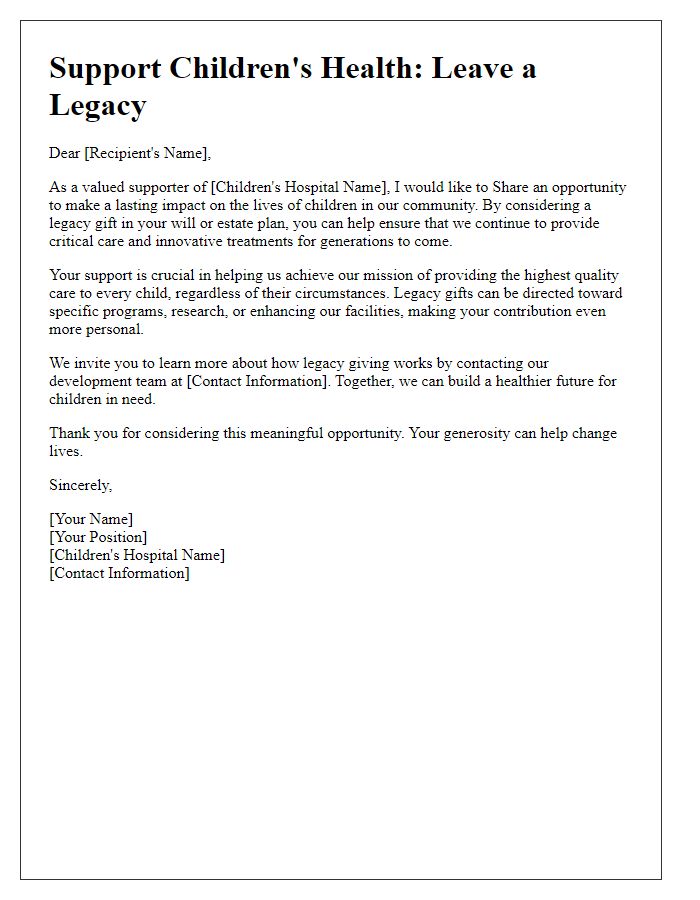 Letter template of legacy giving in support of children's hospital.