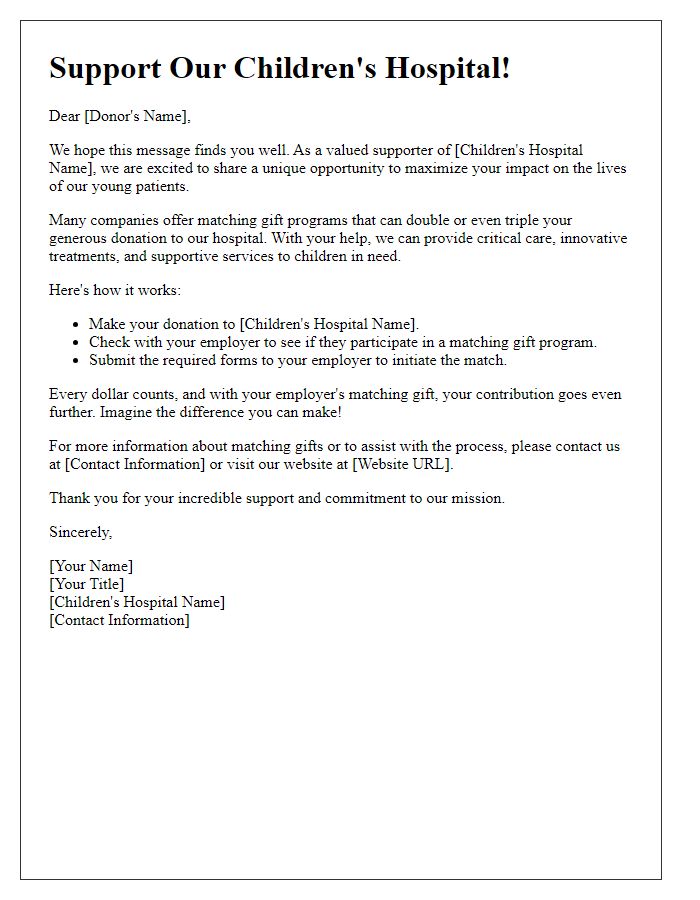 Letter template of matching gift opportunity for children's hospital.