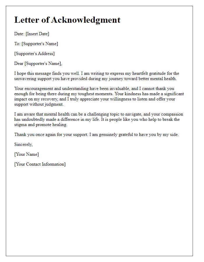 Letter template of acknowledgment for mental health supporters