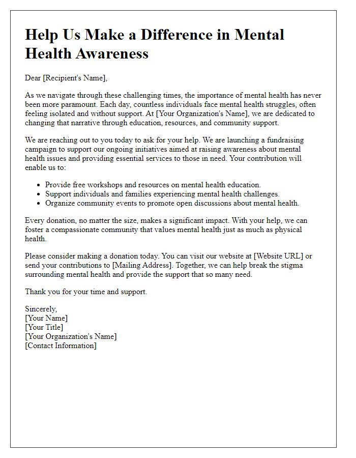 Letter template of fundraising appeal for mental health awareness