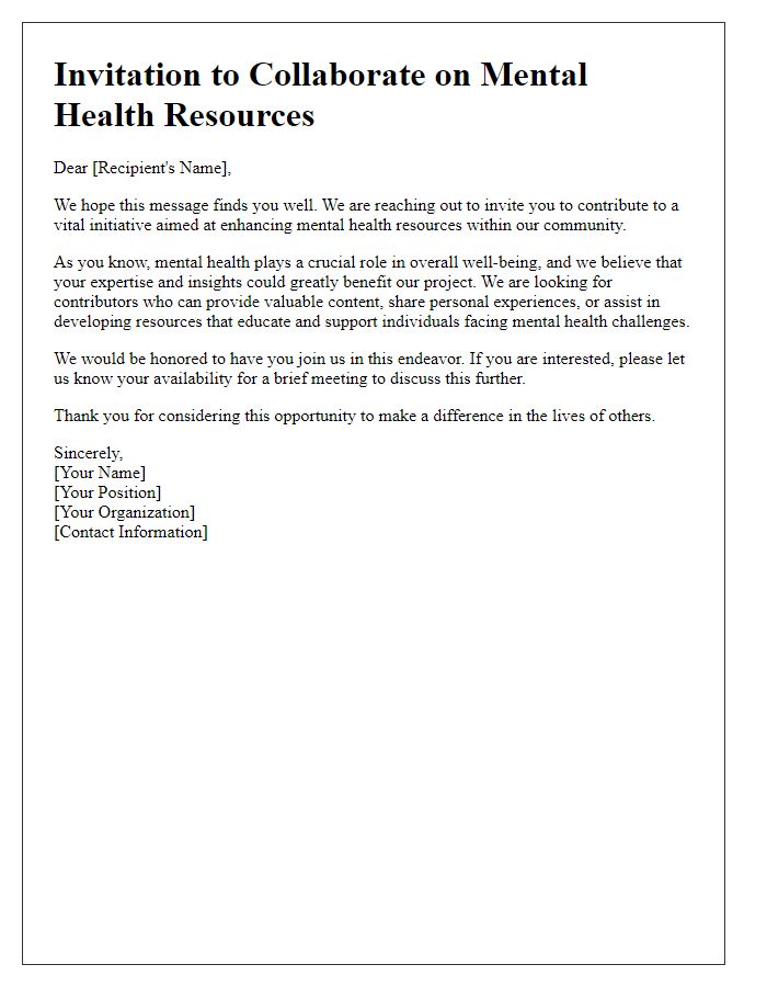 Letter template of invitation to contribute to mental health resources