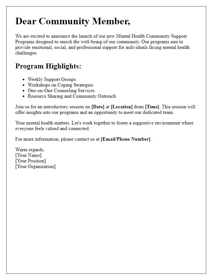 Letter template of promotion for mental health community support programs