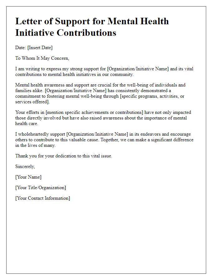 Letter template of support for mental health initiative contributions