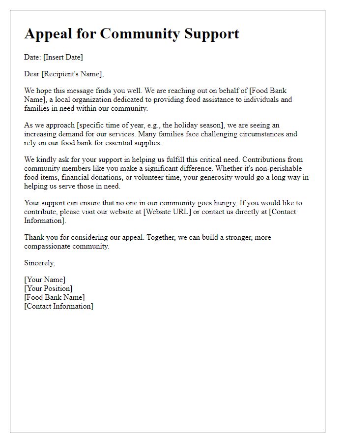 Letter template of community support appeal for food bank