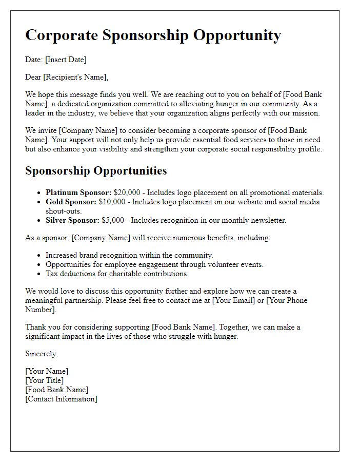 Letter template of corporate sponsorship opportunity for food bank