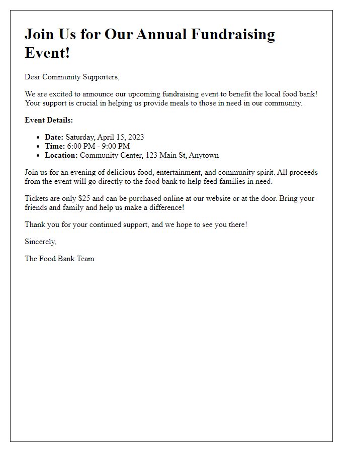 Letter template of fundraising event announcement for food bank