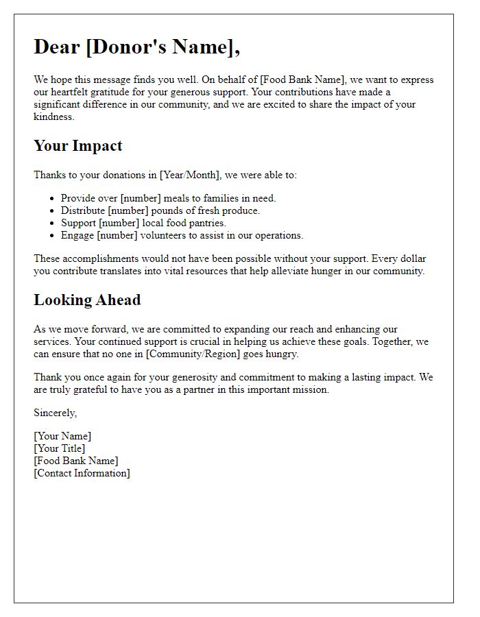 Letter template of gratitude and impact report for food bank donors