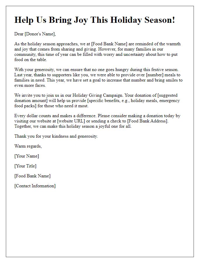 Letter template of holiday giving campaign for food bank